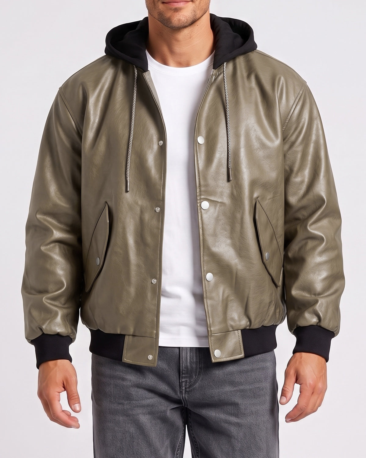 KZZ Men's faux leather two-piece hooded jacket