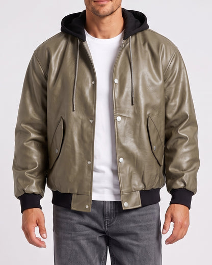 KZZ Men's faux leather two-piece hooded jacket