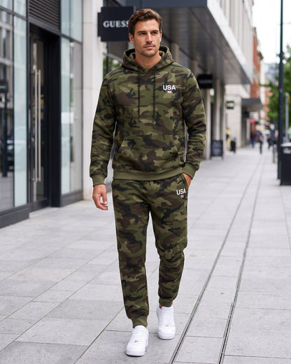 KZZ Men's two-piece slim-fit camouflage tie-dye hooded jacket and pants set
