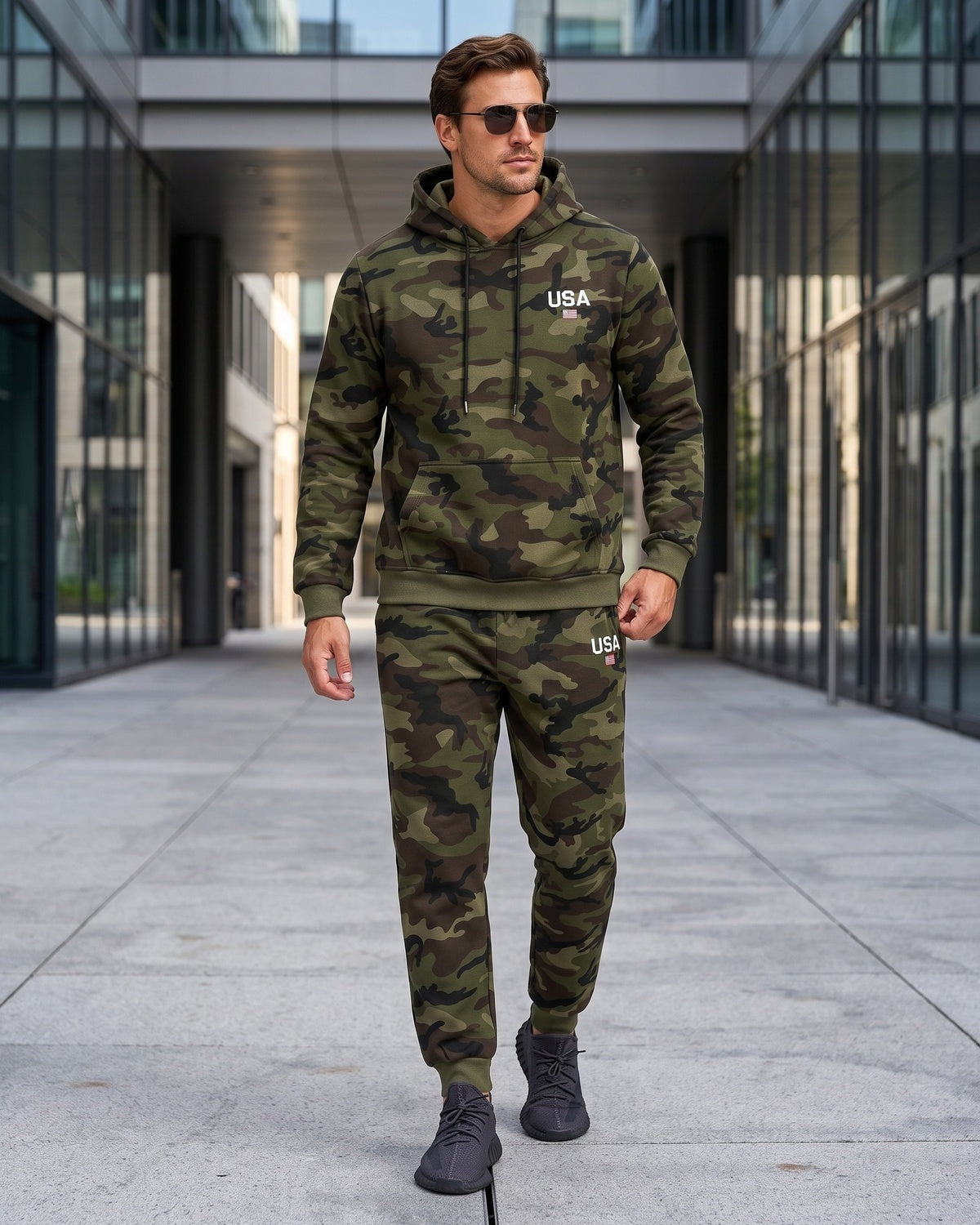 KZZ Men's two-piece slim-fit camouflage tie-dye hooded jacket and pants set
