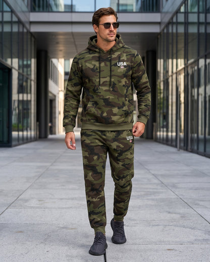 KZZ Men's two-piece slim-fit camouflage tie-dye hooded jacket and pants set