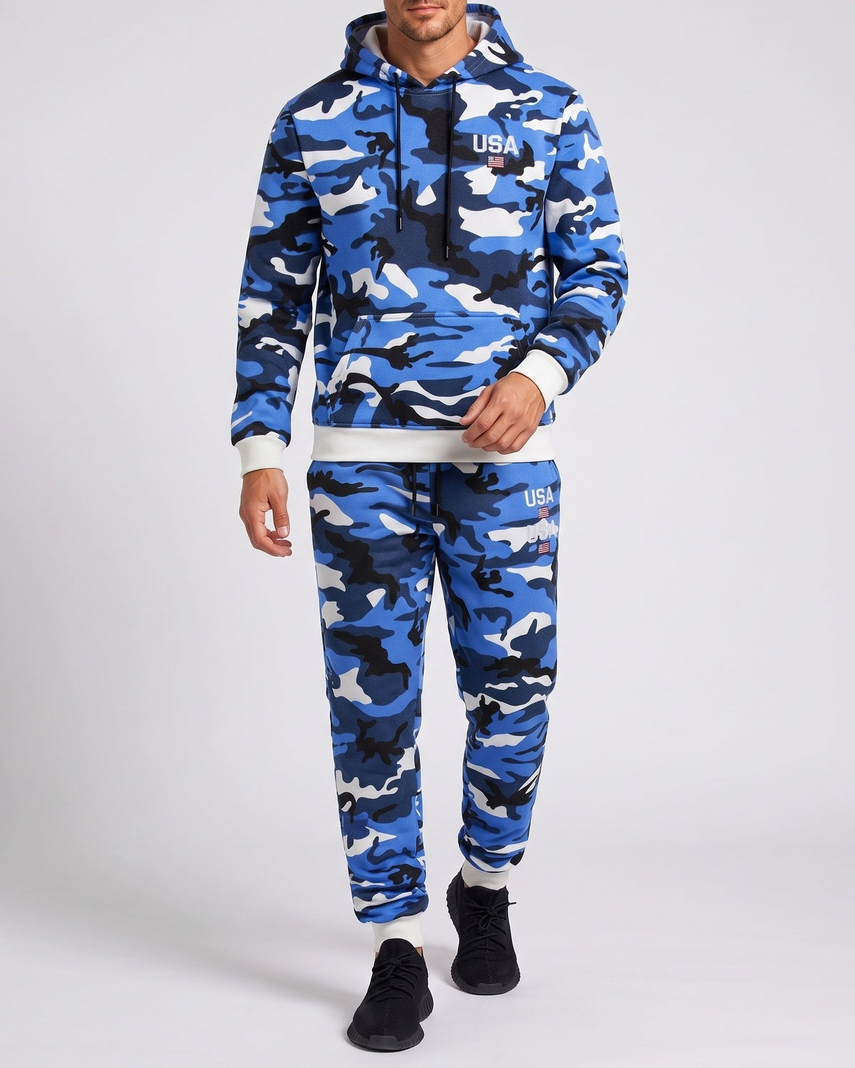 KZZ Men's two-piece slim-fit camouflage tie-dye hooded jacket and pants set