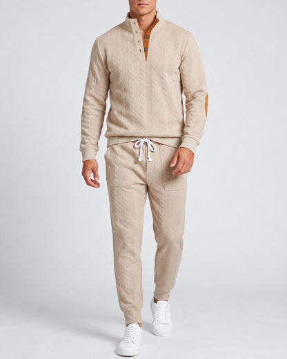 KZZ Men's Heavyweight Textured Patchwork Stand Collar Henry Sweatshirt Set