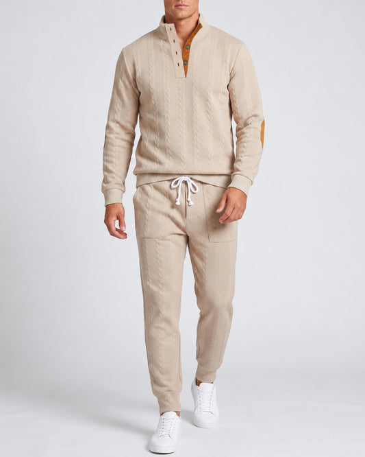 KZZ Men's Heavyweight Textured Patchwork Stand Collar Henry Sweatshirt Set