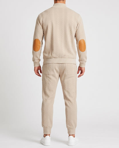 KZZ Men's Heavyweight Textured Patchwork Stand Collar Henry Sweatshirt Set