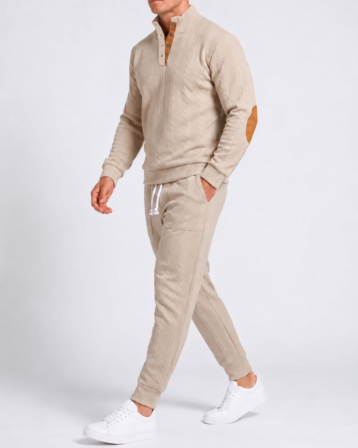 KZZ Men's Heavyweight Textured Patchwork Stand Collar Henry Sweatshirt Set