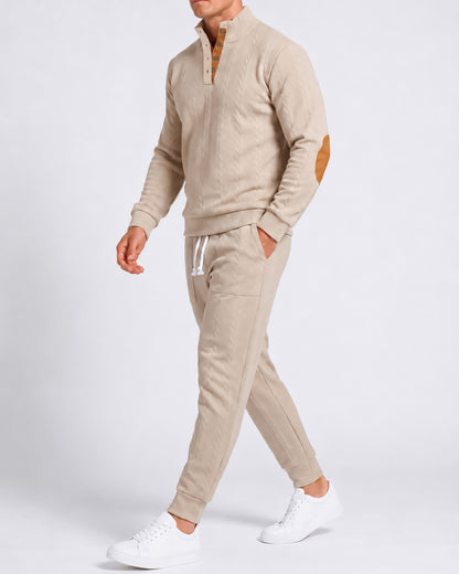 KZZ Men's Heavyweight Textured Patchwork Stand Collar Henry Sweatshirt Set