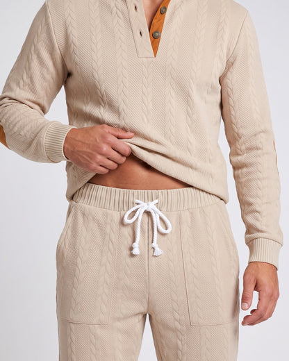 KZZ Men's Heavyweight Textured Patchwork Stand Collar Henry Sweatshirt Set