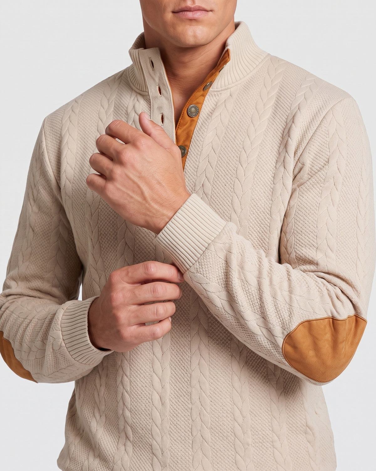 KZZ Men's Heavyweight Textured Patchwork Stand Collar Henry Sweatshirt Set