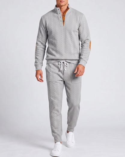 KZZ Men's Heavyweight Textured Patchwork Stand Collar Henry Sweatshirt Set