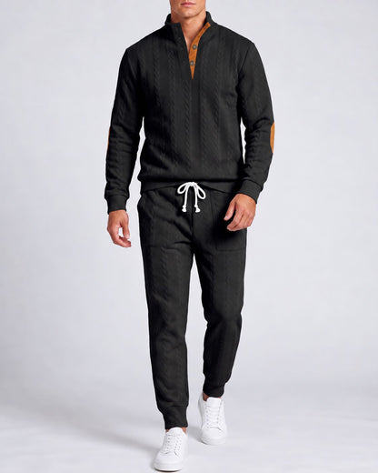 KZZ Men's Heavyweight Textured Patchwork Stand Collar Henry Sweatshirt Set