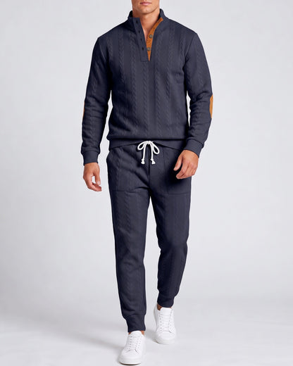 KZZ Men's Heavyweight Textured Patchwork Stand Collar Henry Sweatshirt Set