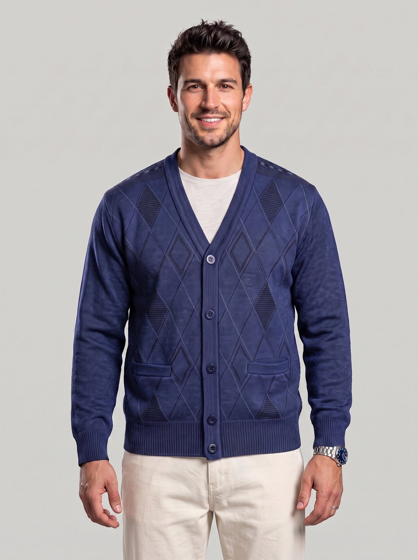 KZZ Men's Plaid V-Neck Long-Sleeve Knit Cardigan