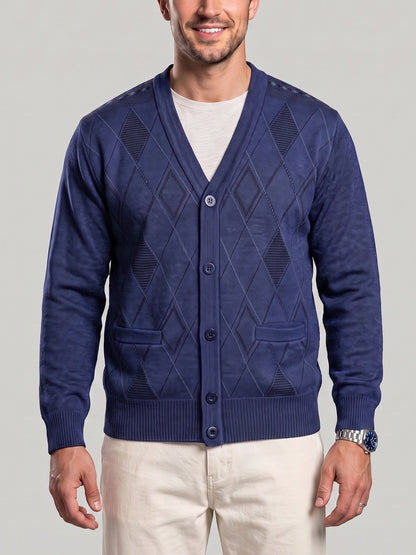 KZZ Men's Plaid V-Neck Long-Sleeve Knit Cardigan