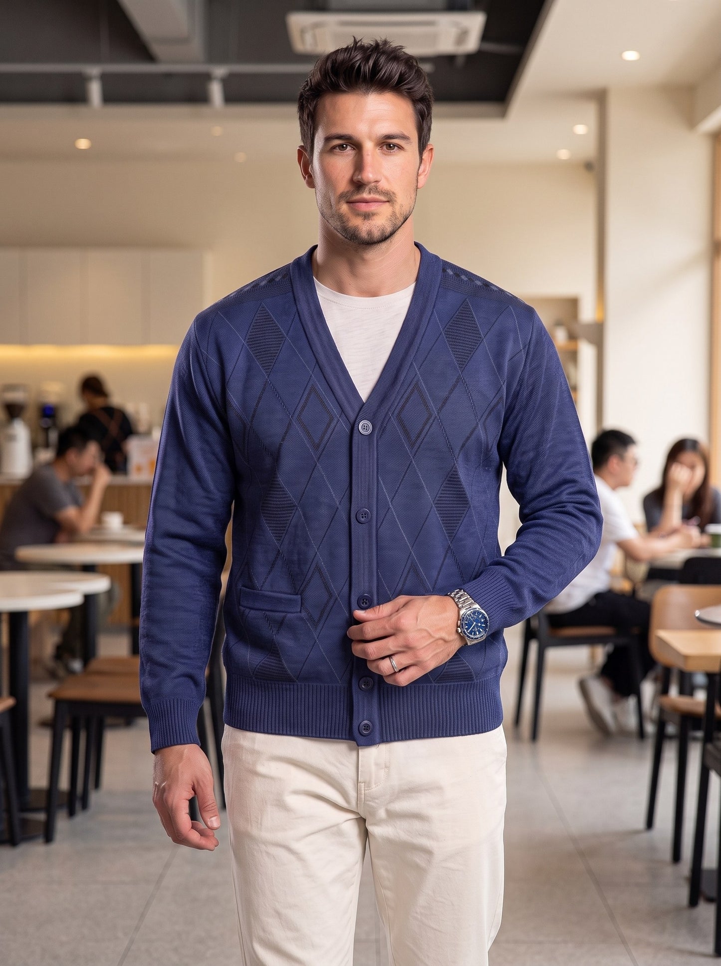 KZZ Men's Plaid V-Neck Long-Sleeve Knit Cardigan