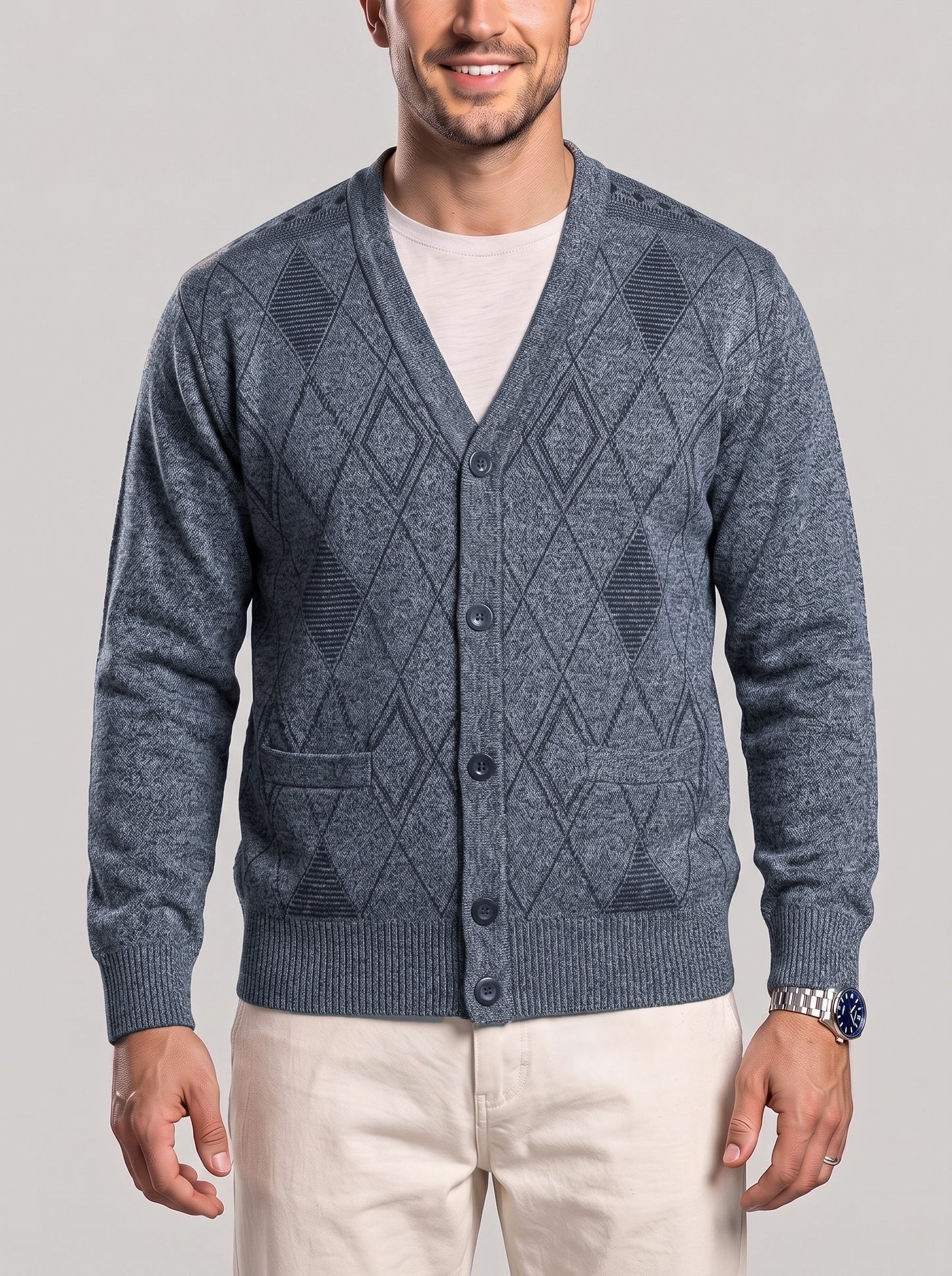 KZZ Men's Plaid V-Neck Long-Sleeve Knit Cardigan