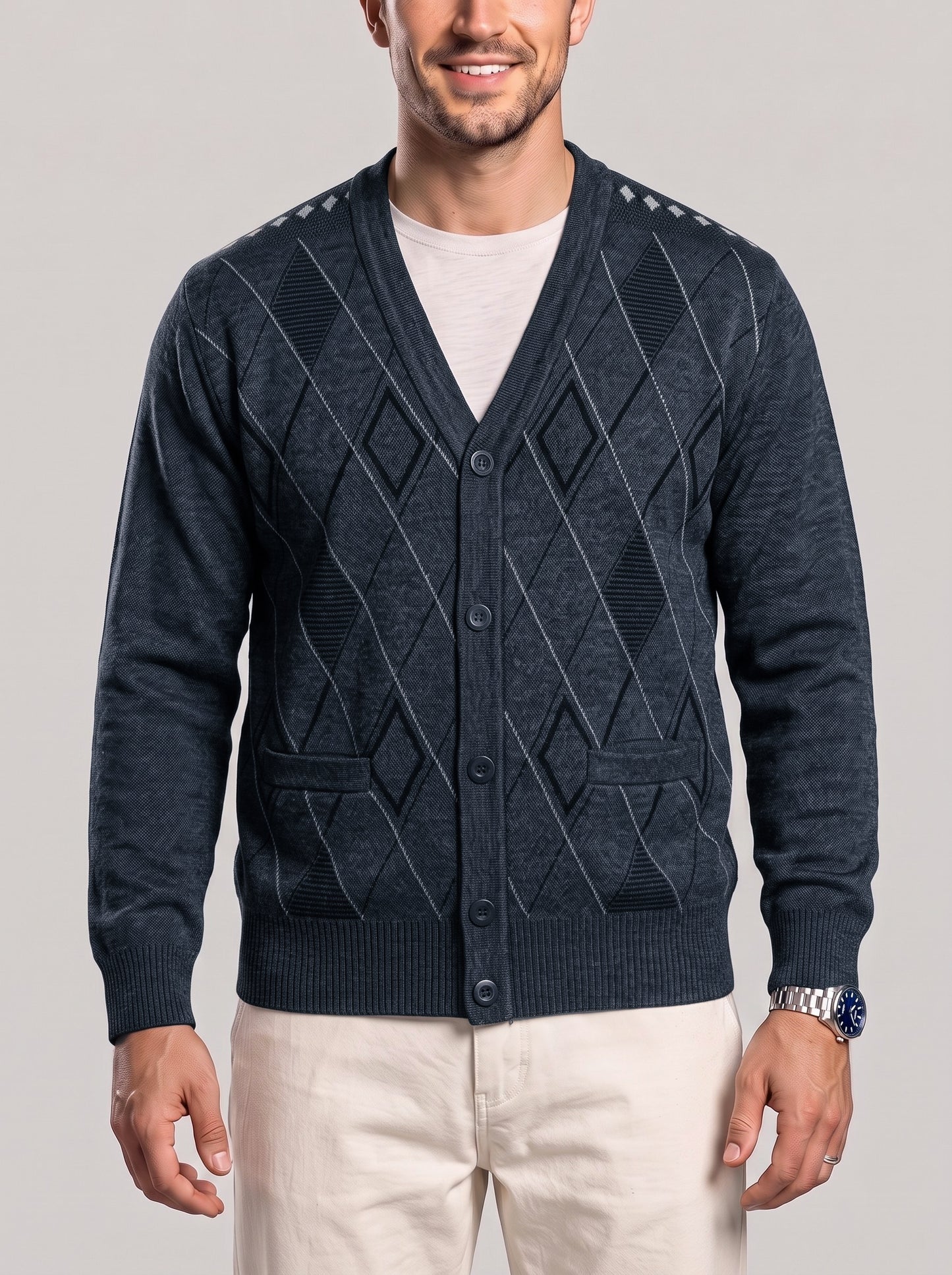 KZZ Men's Plaid V-Neck Long-Sleeve Knit Cardigan