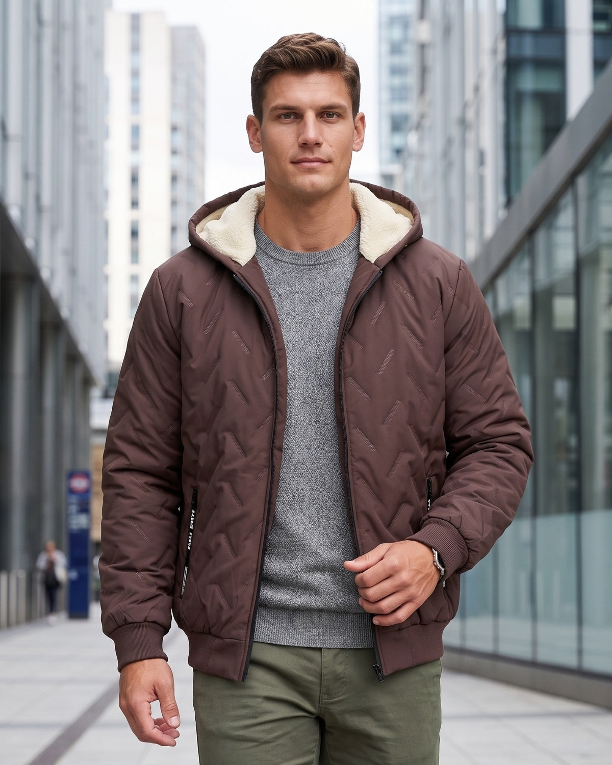 KZZ Men's basic slim-fit retro woven warm hooded jacket