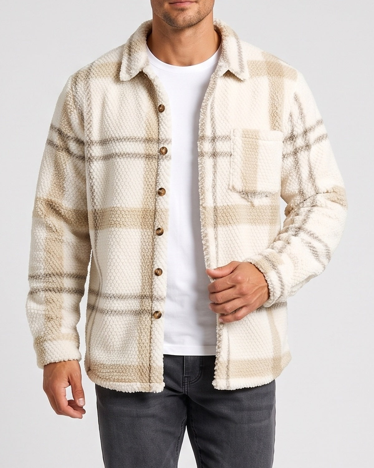 KZZ Men's Autumn and Winter Casual Knitted Plaid Shirt Jacket