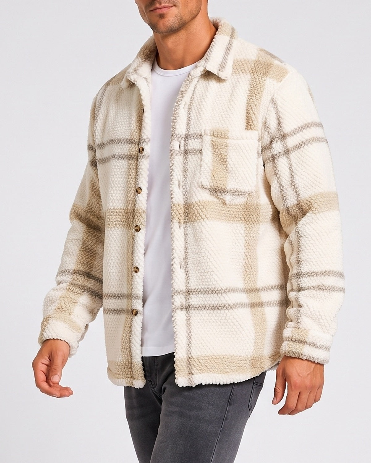 KZZ Men's Autumn and Winter Casual Knitted Plaid Shirt Jacket