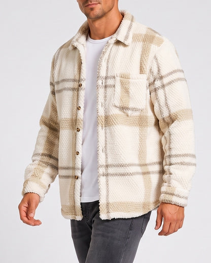 KZZ Men's Autumn and Winter Casual Knitted Plaid Shirt Jacket