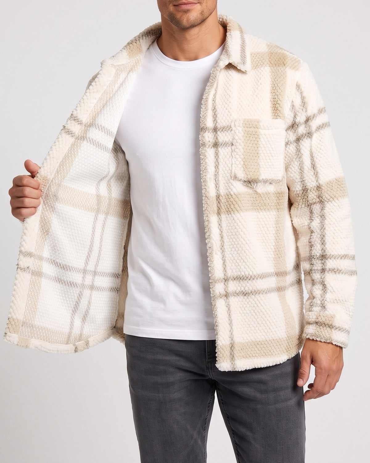 KZZ Men's Autumn and Winter Casual Knitted Plaid Shirt Jacket
