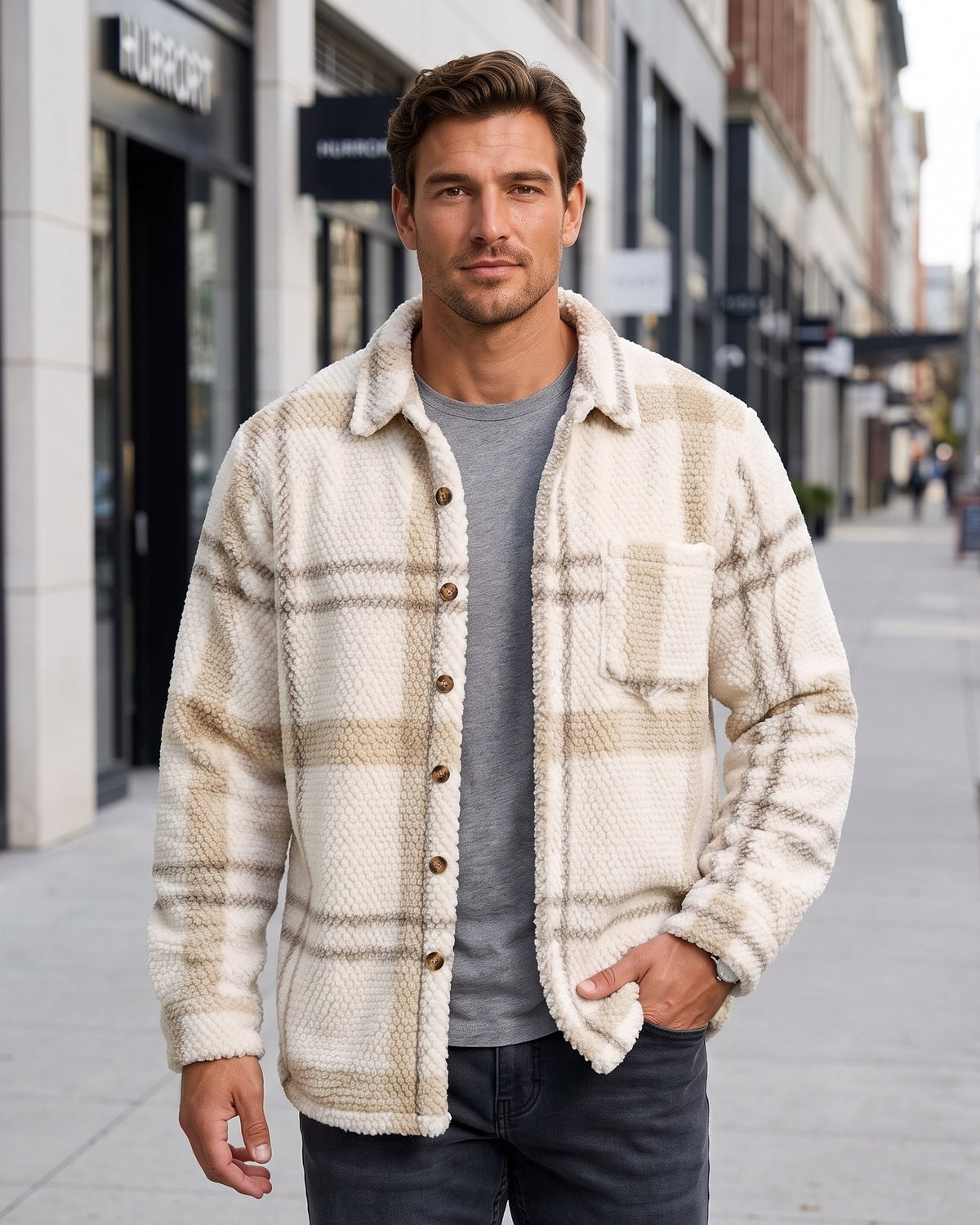 KZZ Men's Autumn and Winter Casual Knitted Plaid Shirt Jacket
