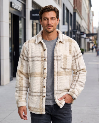 KZZ Men's Autumn and Winter Casual Knitted Plaid Shirt Jacket