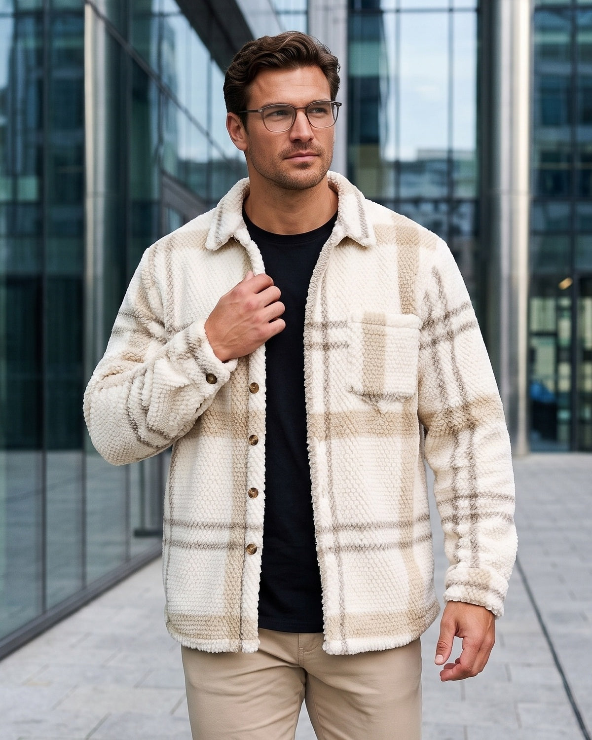 KZZ Men's Autumn and Winter Casual Knitted Plaid Shirt Jacket