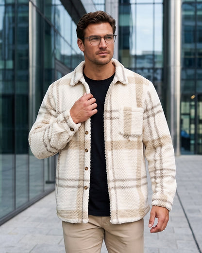 KZZ Men's Autumn and Winter Casual Knitted Plaid Shirt Jacket