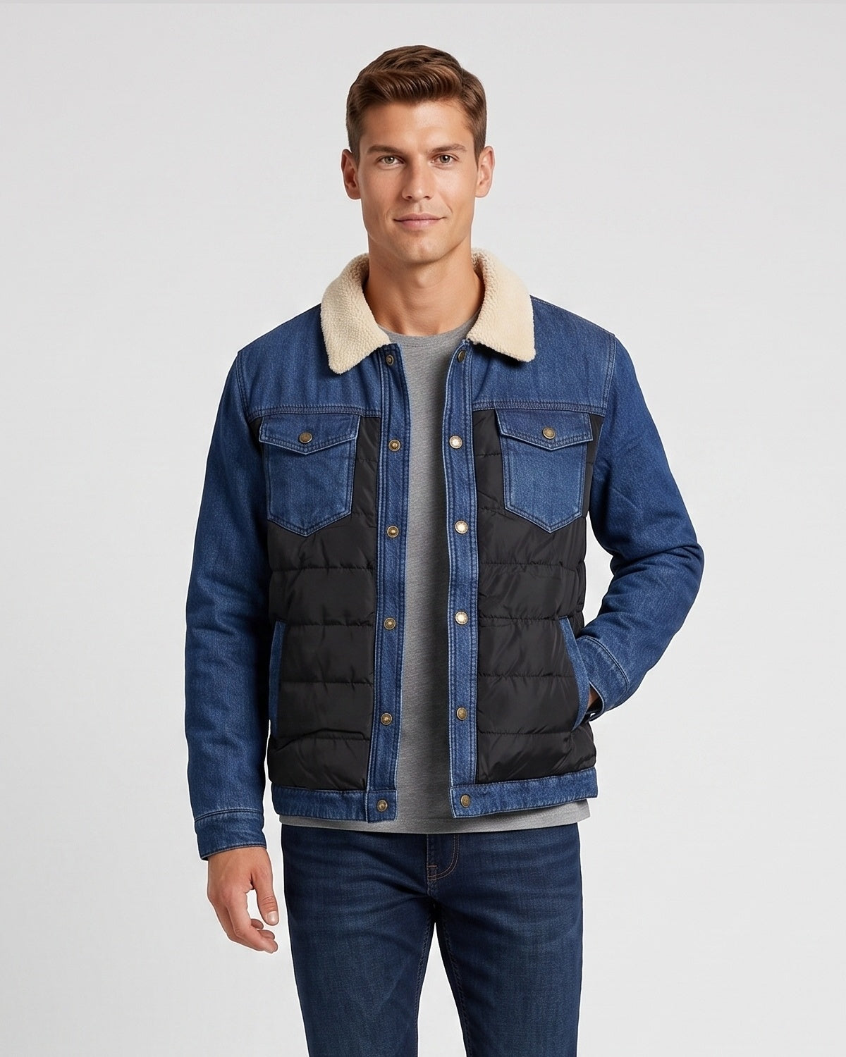 KZZ Men's Denim Jacket with Sherpa Lining