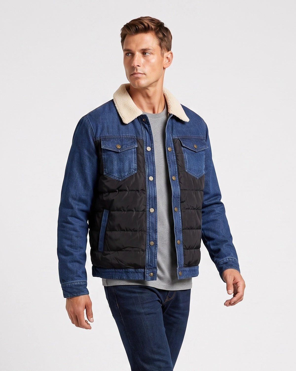 KZZ Men's Denim Jacket with Sherpa Lining