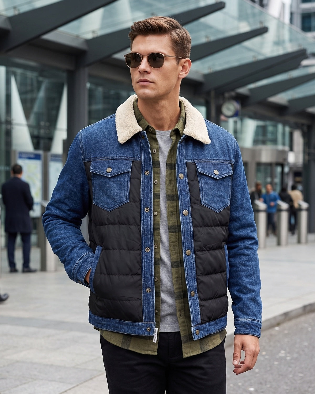 KZZ Men's Denim Jacket with Sherpa Lining