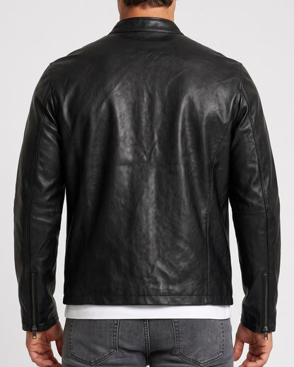 KZZ Men's slim-fit glossy leather motorcycle jacket