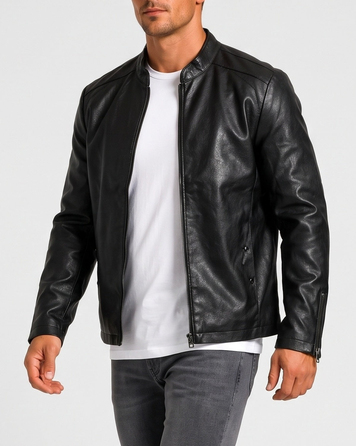 KZZ Men's slim-fit glossy leather motorcycle jacket