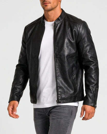 KZZ Men's slim-fit glossy leather motorcycle jacket