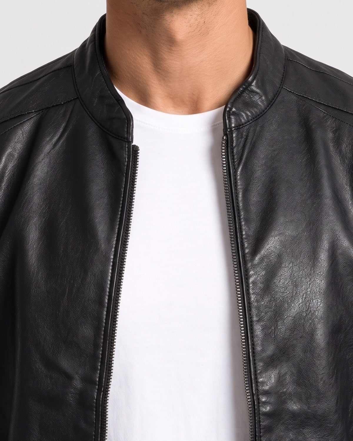 KZZ Men's slim-fit glossy leather motorcycle jacket