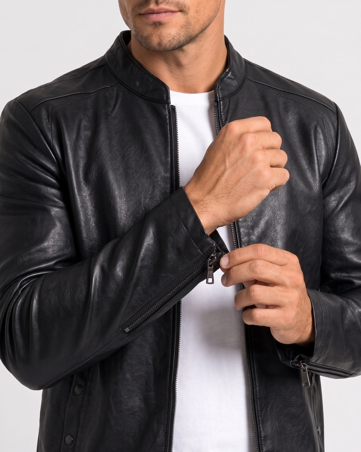 KZZ Men's slim-fit glossy leather motorcycle jacket
