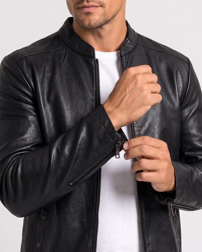 KZZ Men's slim-fit glossy leather motorcycle jacket