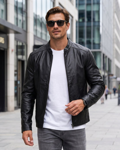 KZZ Men's slim-fit glossy leather motorcycle jacket