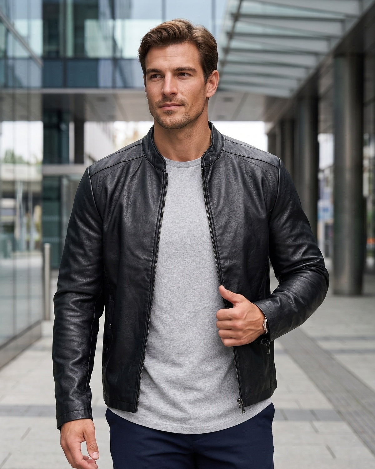 KZZ Men's slim-fit glossy leather motorcycle jacket