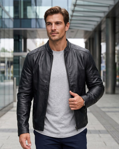 KZZ Men's slim-fit glossy leather motorcycle jacket