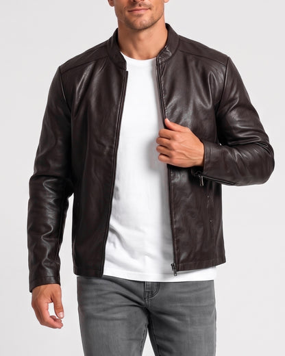 KZZ Men's slim-fit glossy leather motorcycle jacket