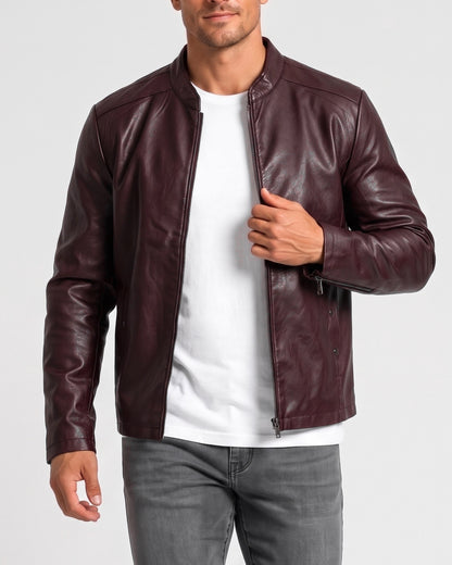 KZZ Men's slim-fit glossy leather motorcycle jacket