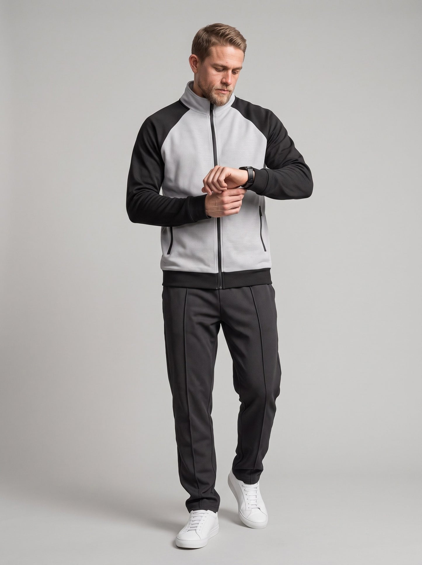 KZZ Men's stand-collar color-block zip-up jacket and straight-leg trousers