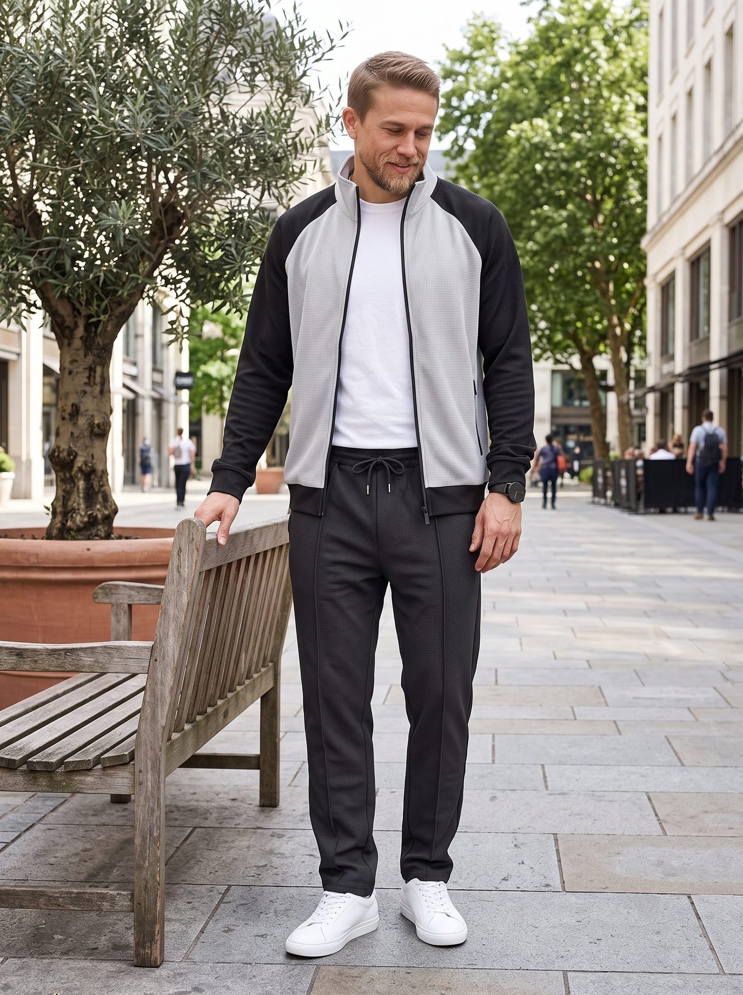 KZZ Men's stand-collar color-block zip-up jacket and straight-leg trousers