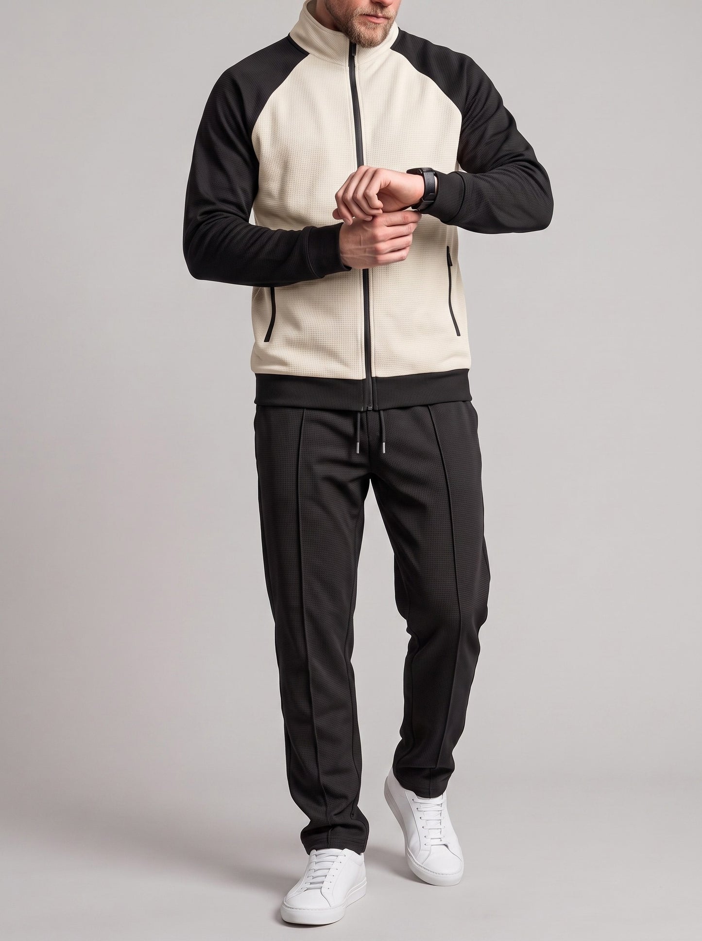 KZZ Men's stand-collar color-block zip-up jacket and straight-leg trousers