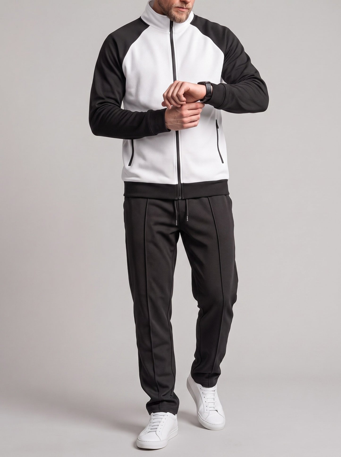 KZZ Men's stand-collar color-block zip-up jacket and straight-leg trousers