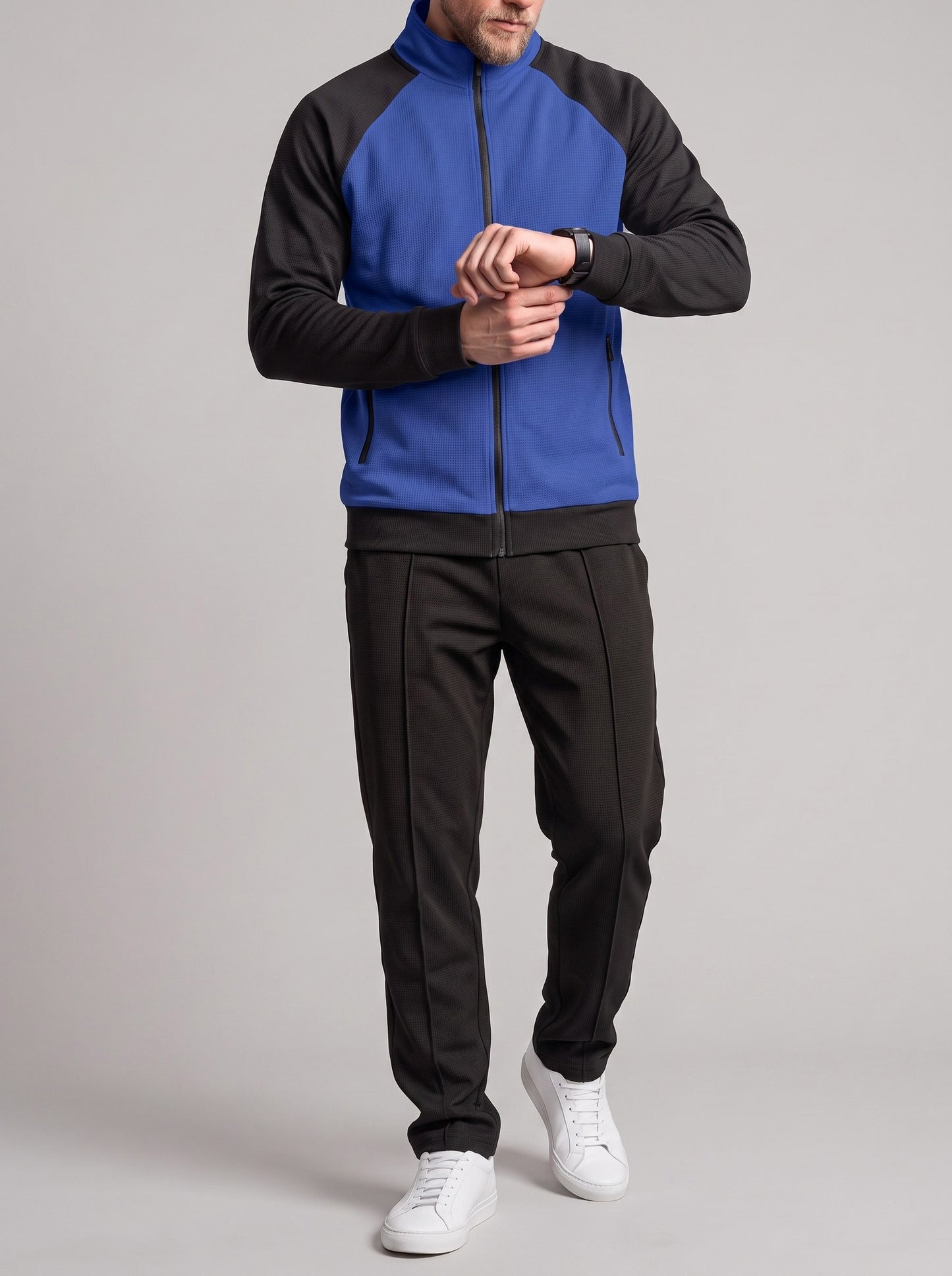 KZZ Men's stand-collar color-block zip-up jacket and straight-leg trousers