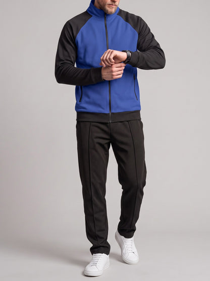 KZZ Men's stand-collar color-block zip-up jacket and straight-leg trousers
